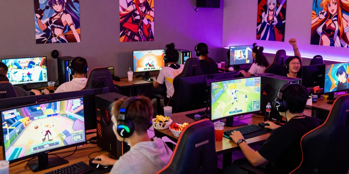Engaging gamers playing hentai games in a lively lounge, showcasing vibrant atmosphere and community interaction.