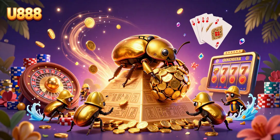Experience U888 casino thrills with a vibrant 3D scene of golden beetles and dynamic games!