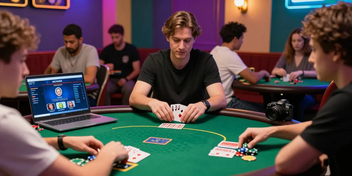 Dewapoker online players engaged in a thrilling poker match with vibrant decorations and casino atmosphere.