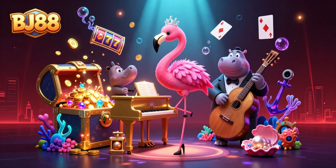 Engage with BJ88's vibrant casino energy featuring cartoon characters and colorful gaming elements.