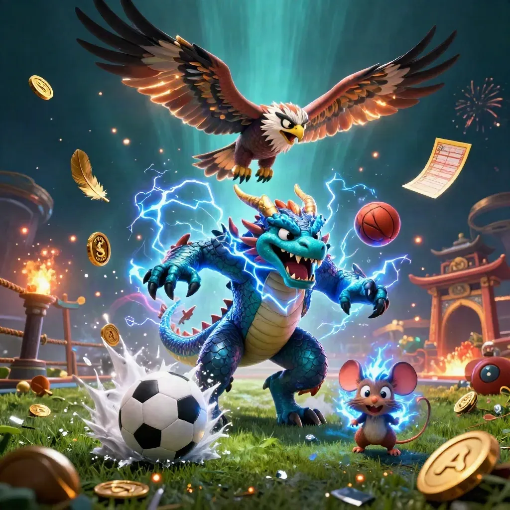 Thunder dragon, hawk and mouse surge around a soccer ball and basketball in neon casino chaos.