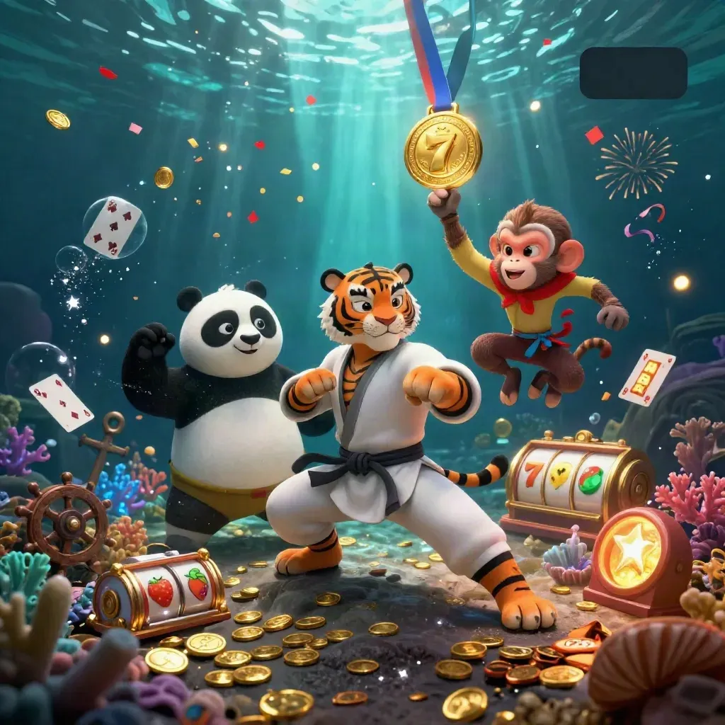 Tiger, panda, and monkey in an underwater treasure cove with slot symbols and neon effects.