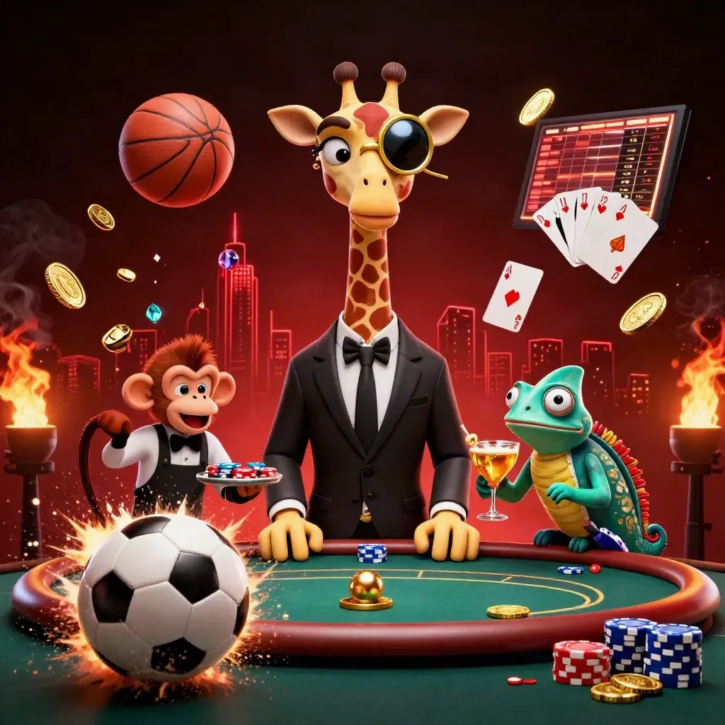 Cartoon giraffe, monkey, chameleon at poker table amid flying soccer ball, chips, coins, and glowing lights.
