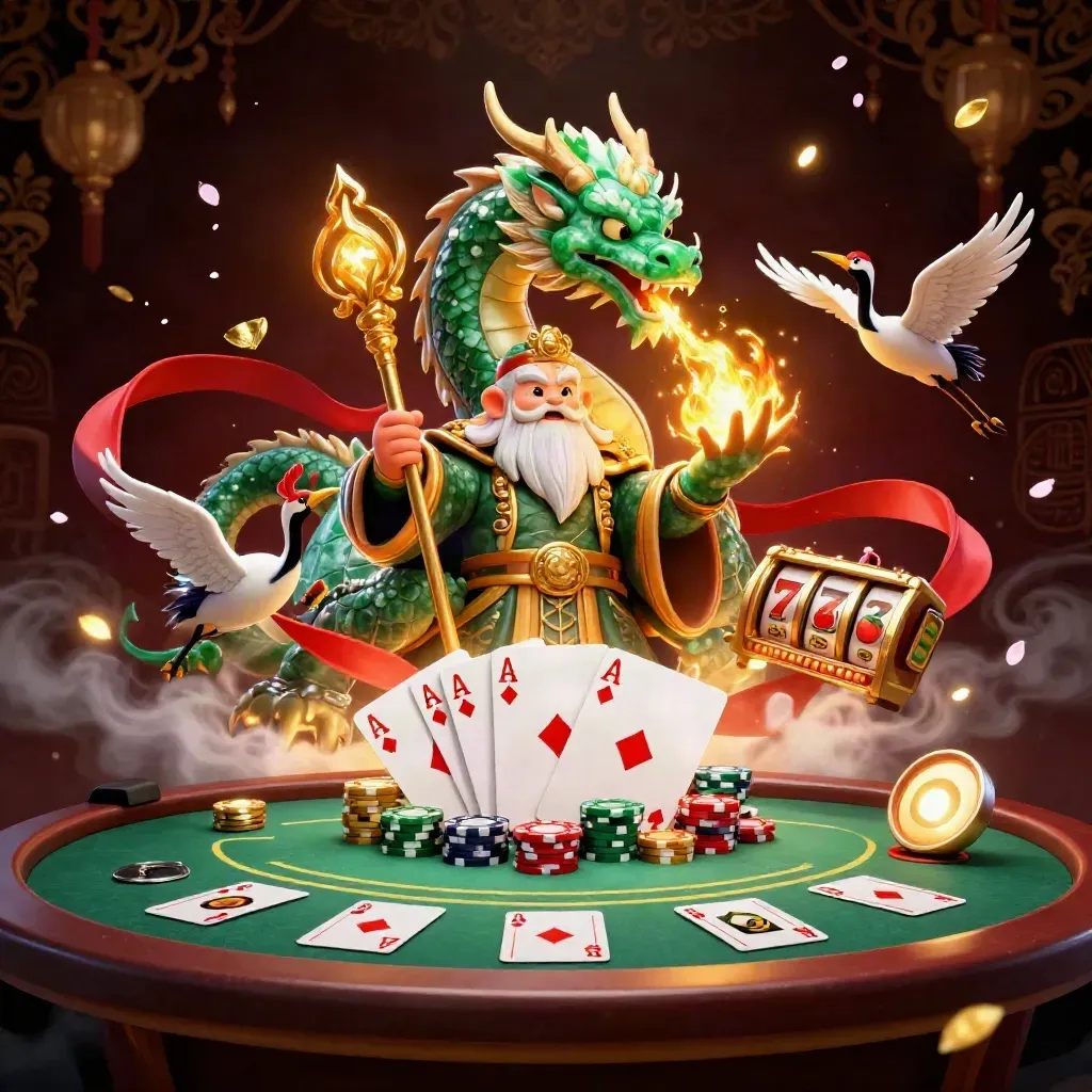 Emerald dragon, turtle sage, and cranes amid casino symbols, gold fire, and dark luxury