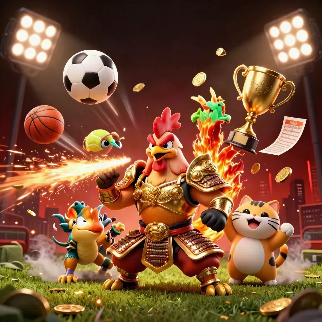 Golden rooster warrior, dragon hatchling, and fortune-cat amid flying sports balls and casino glow.
