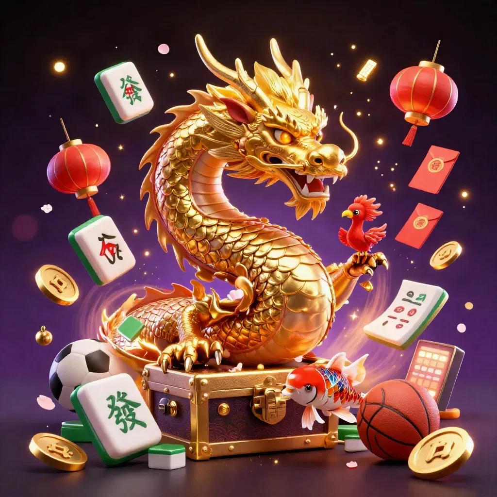 Golden dragon, phoenix, koi, and casino sports props explode in neon lights.