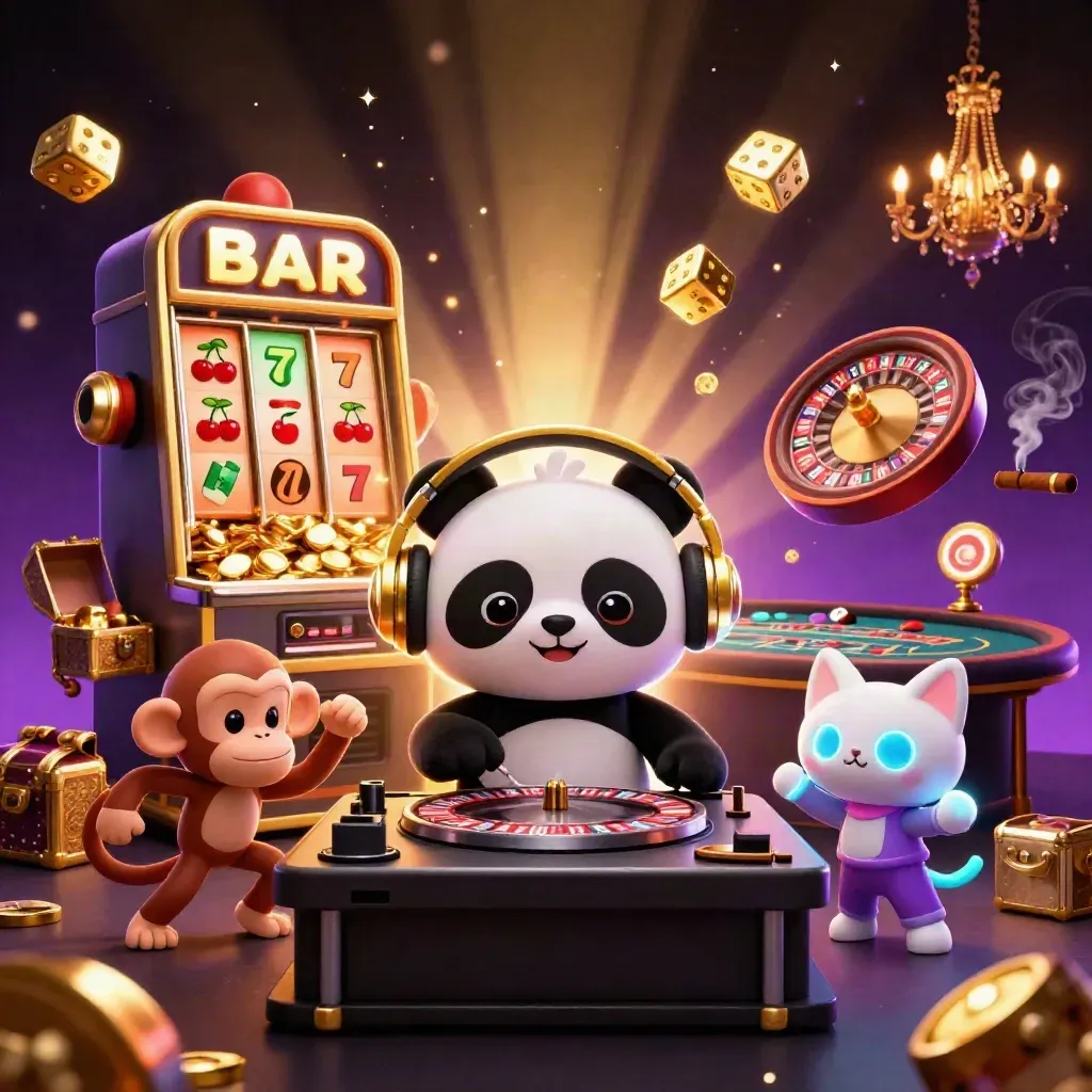 DJ panda, dancing monkey, and glow-stick kitten amid slot bursts, gold, and cosmic casino lights.