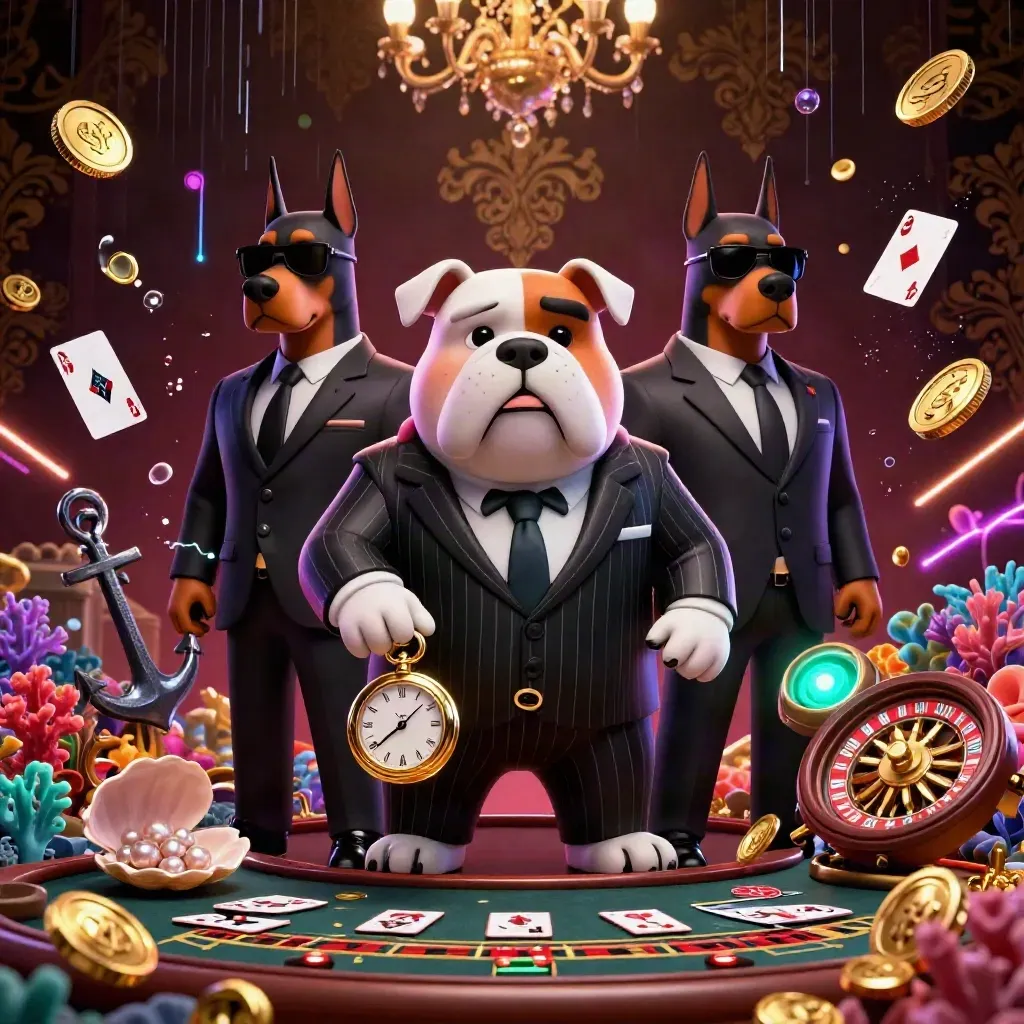 Bulldog mob boss with two Dobermans in a jewel-toned casino treasure cove, coins, coral, cards, and golden glow