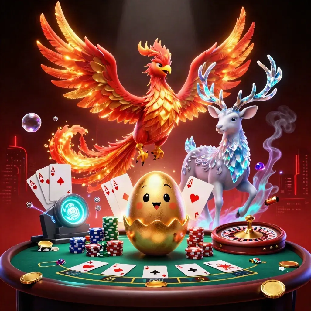 Phoenixes and a crystal stag over casino tables, chips, coins, and neon smoke.