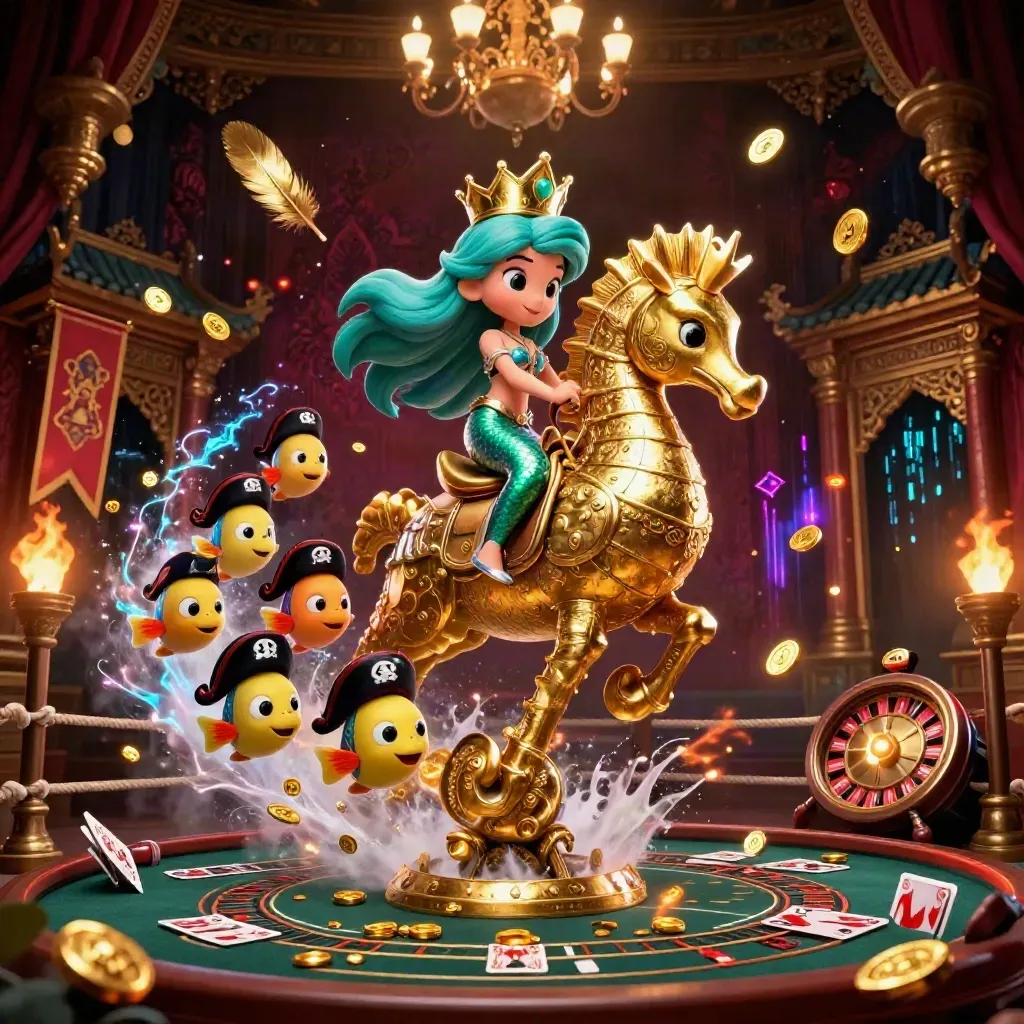 Mermaid princess on seahorse amid casino relics, gold light, neon streaks, and dark damask bokeh.