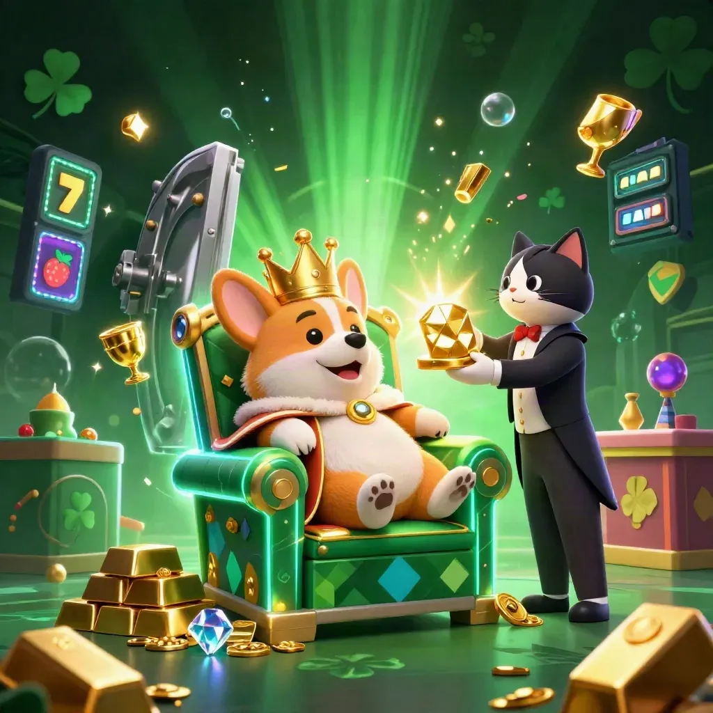 Crowned corgi and cat butler amid vault gold, gems, and neon casino energy