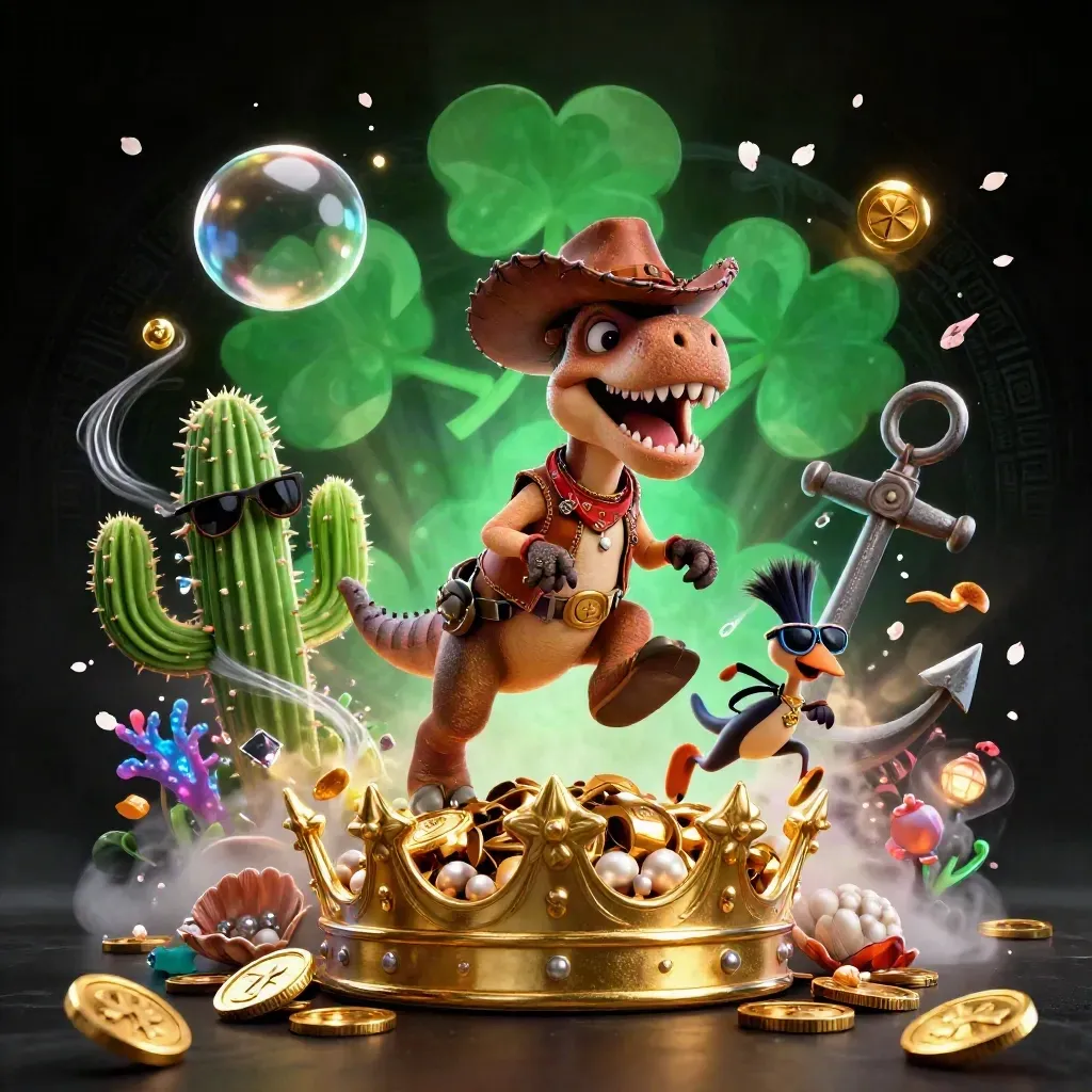 Cowboy T-Rex, cactus sidekick and sheriff roadrunner in a gold-coin underwater treasure blast.