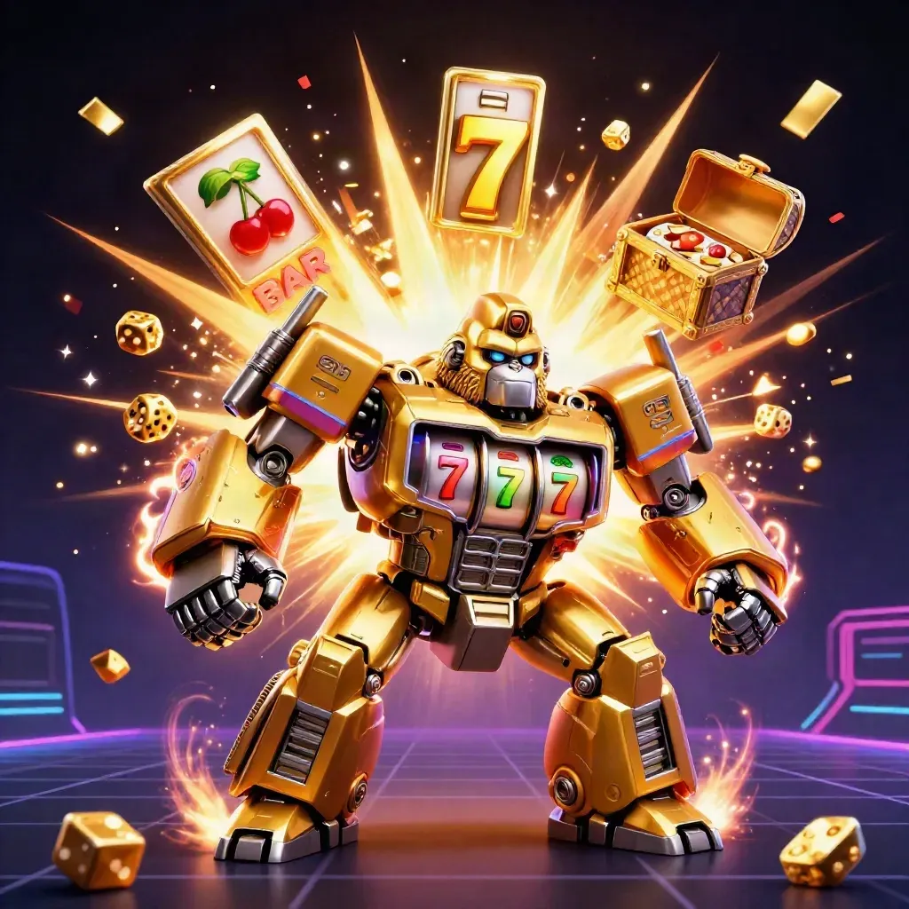 Golden gorilla slot mech and monkey pilot blast through jackpots, reels, dice, and gold in neon casino light.