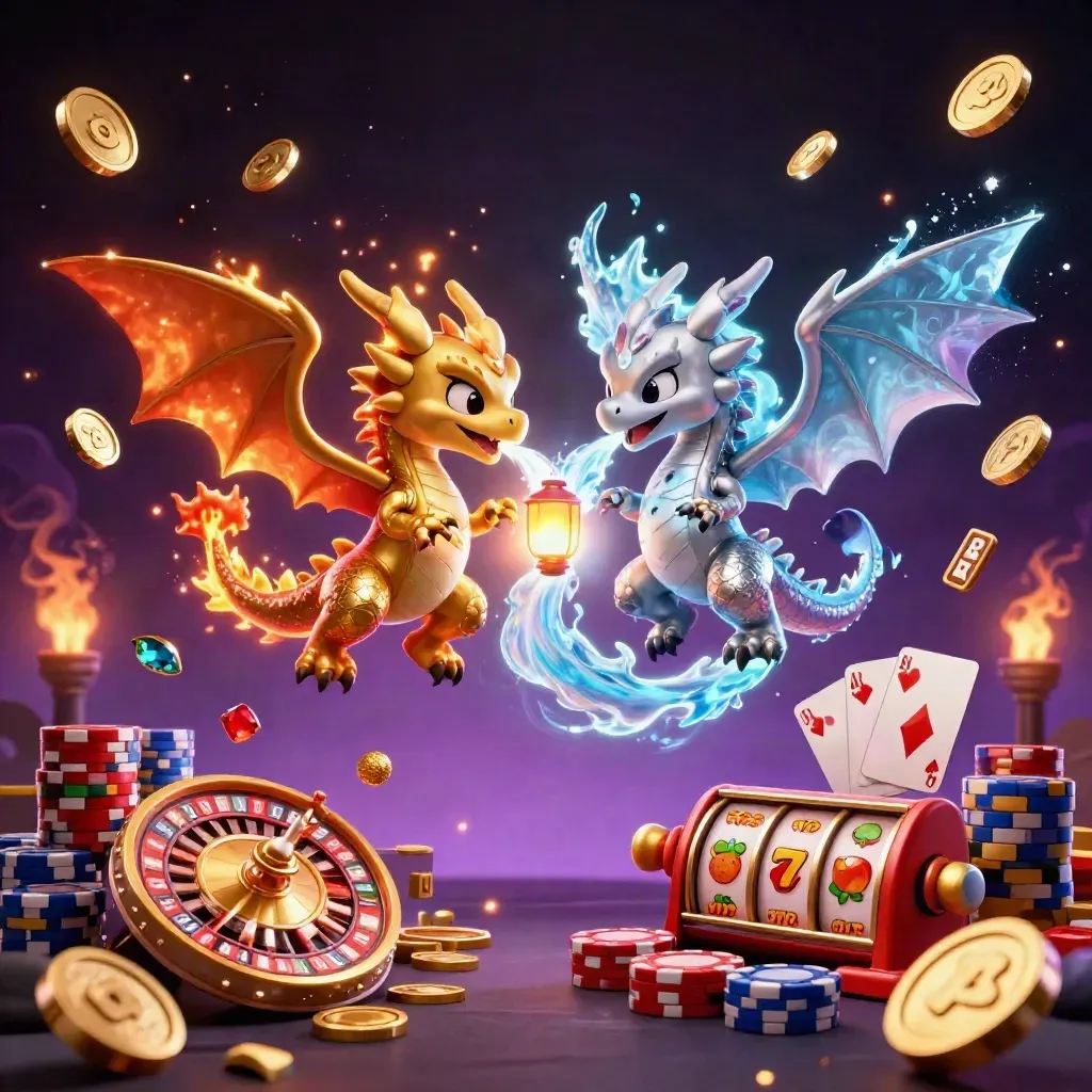 Gold and silver dragons spiral through coins, gems, reels, cards, and sparks in a neon casino sky.