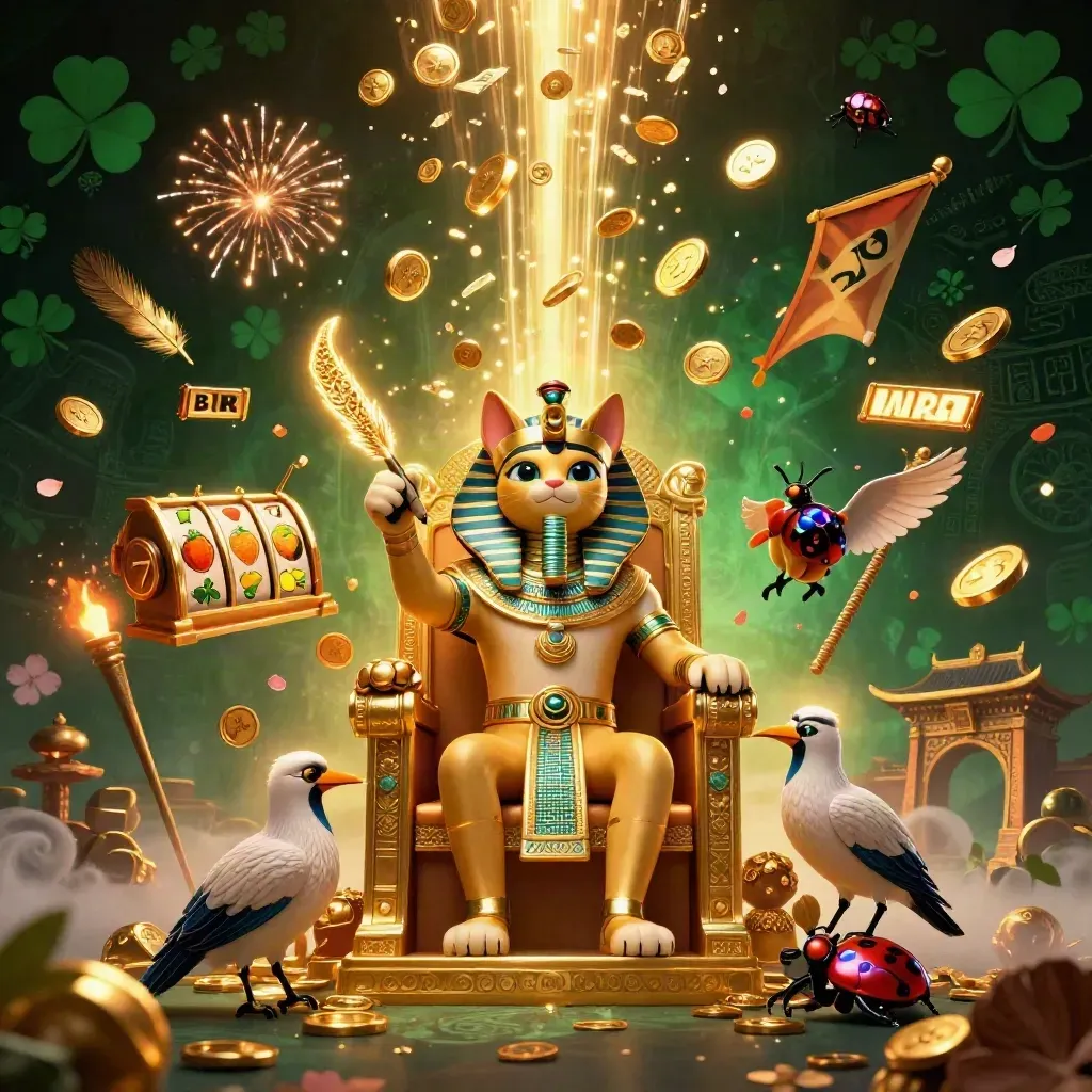 Pharaoh cat, ibis scribe, and scarab beetles amid gold, coins, fireworks, reels, and temple ruins.