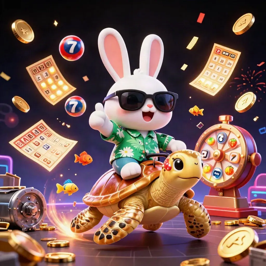 Lucky rabbit rides a golden turtle amid coins, fireworks, lottery balls, and slot symbols.