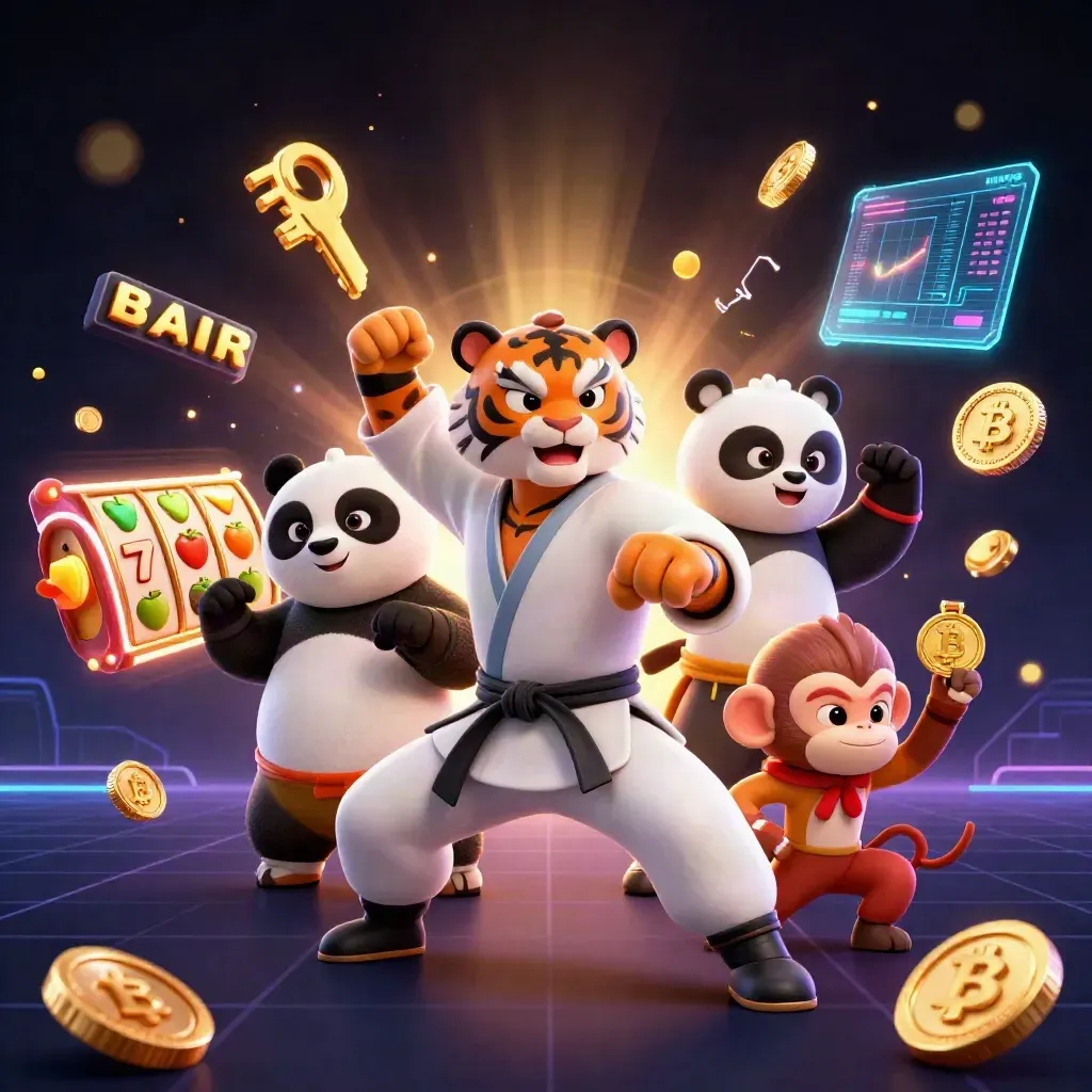Tiger, panda, and monkey martial-arts heroes amid glowing slots, coins, lightning, and gold sparks.