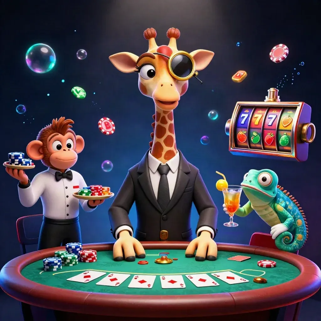 Giraffe, monkey, and chameleon at a poker table with chips, aces, slots, and glowing casino lights.