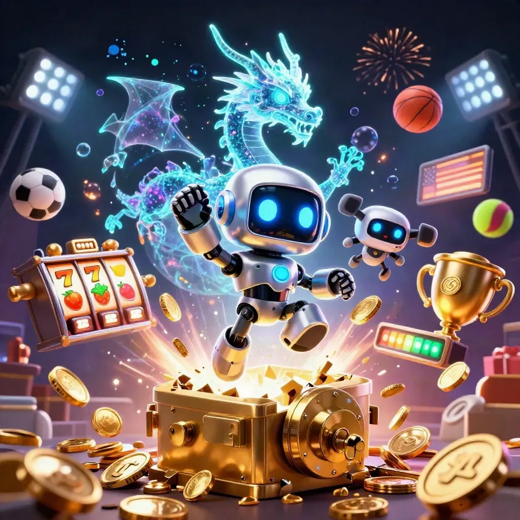 Robot, holographic dragon and drone burst from a vault amid coins, sports balls and fireworks.