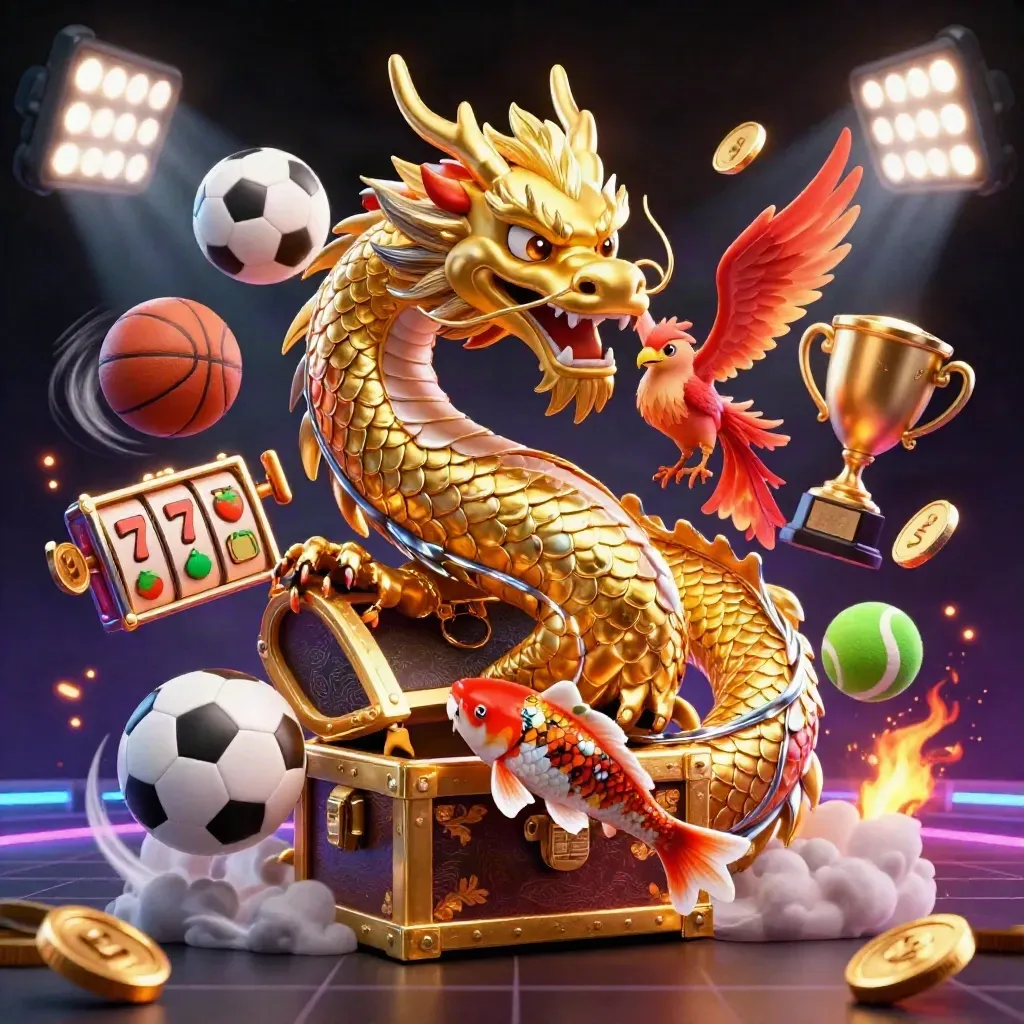 Golden dragon with phoenix and koi amid coins, sports balls, trophy, and slot symbols in neon casino art