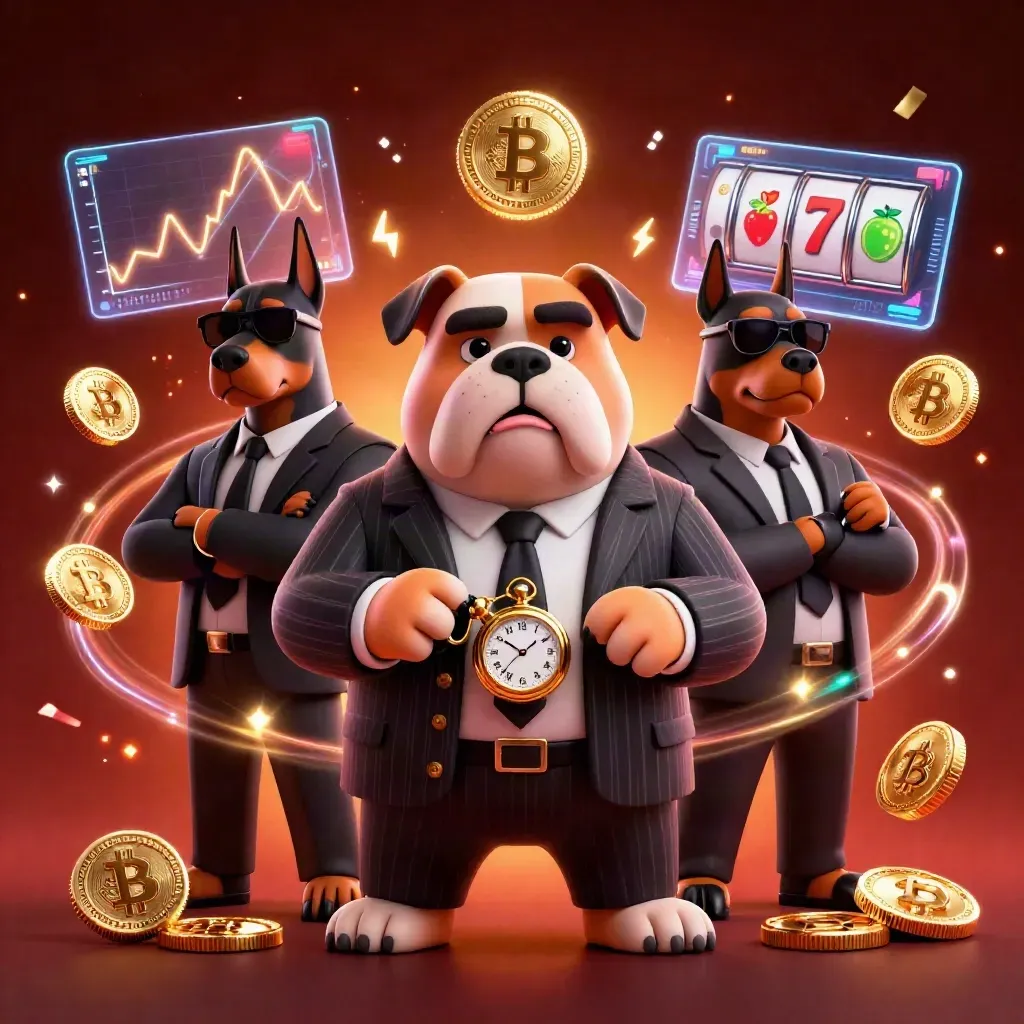 Bulldog boss and two Dobermans amid neon coins, reels, sparks, and casino glow.