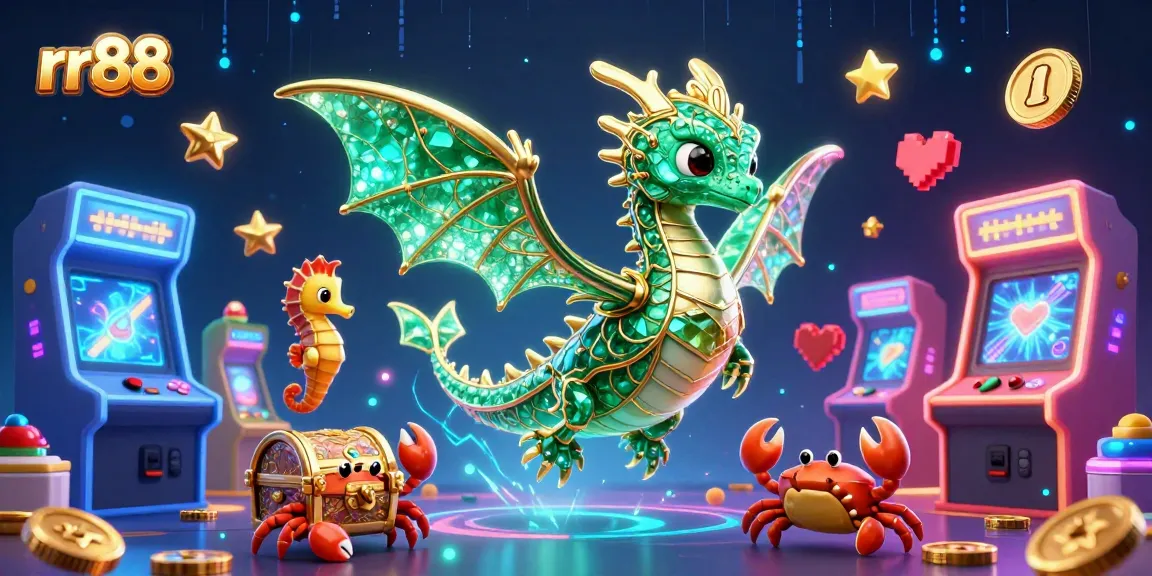Engage with rr88's thrilling gaming world featuring a majestic sea dragon and vibrant arcade elements.