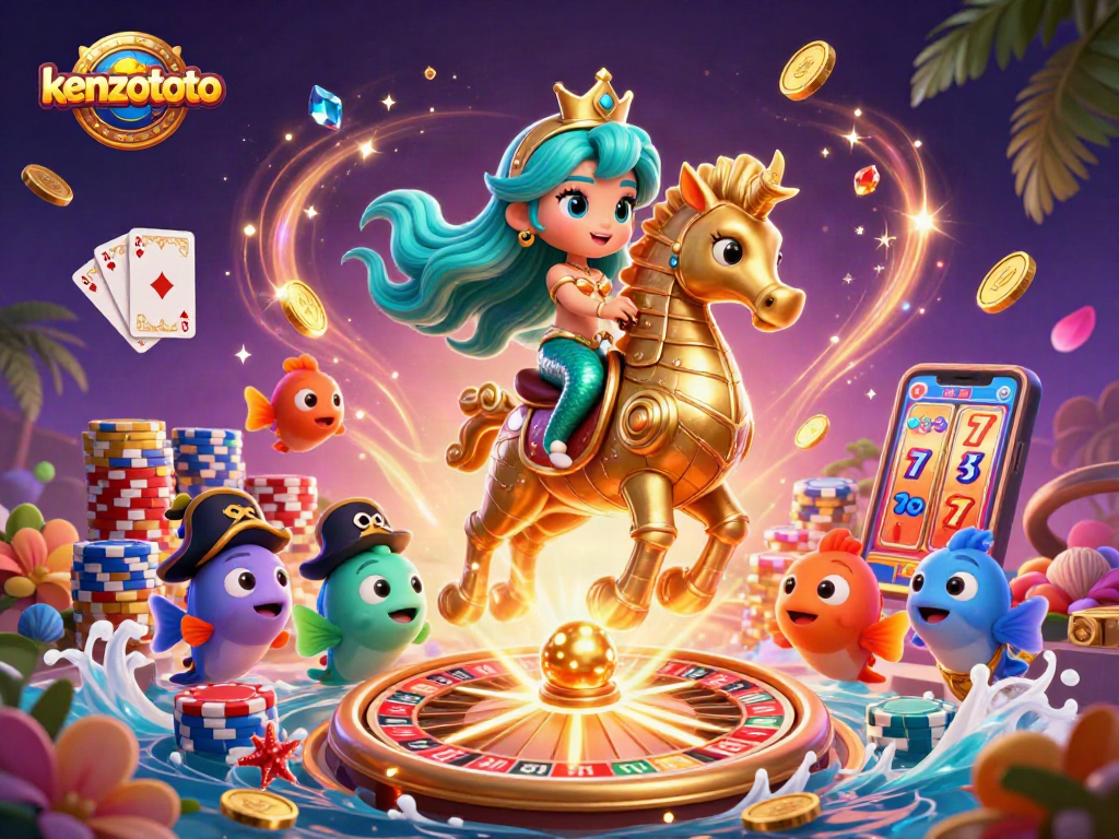 Kenzototo showcases an enchanting 3D mermaid princess winning at the casino with vibrant game elements.