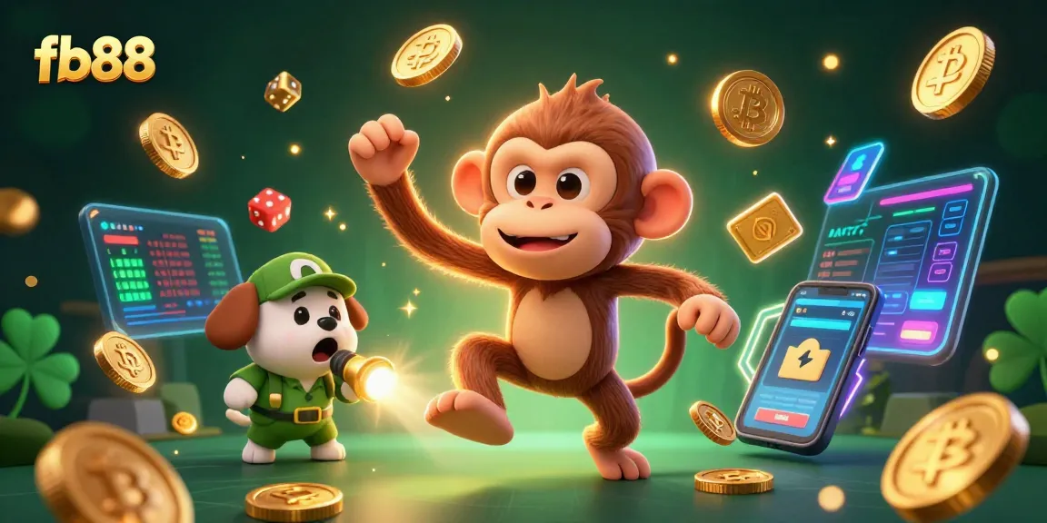 Engage in thrilling gameplay at fb88 with a digital illustration showcasing a playful poltergeist monkey juggling casino items in a vibrant setting.
