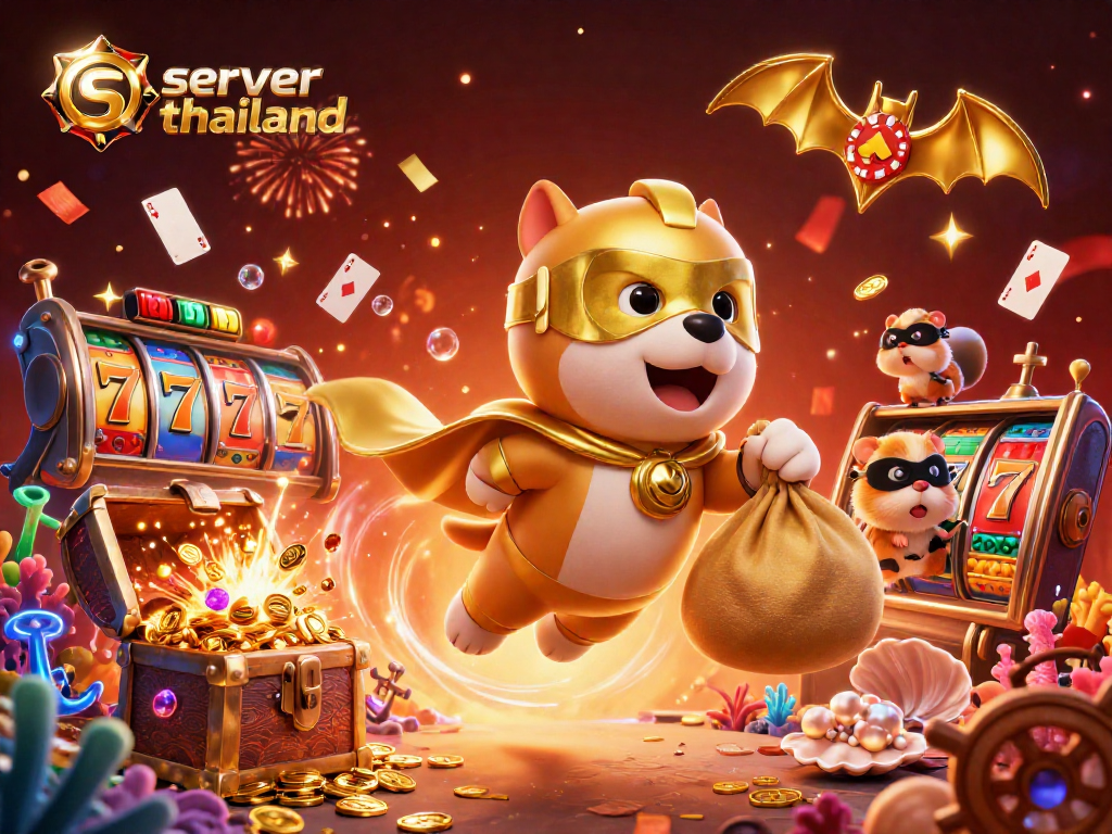 Experience thrilling gameplay on server thailand with a superhero dog and hamster, surrounded by rich casino elements.