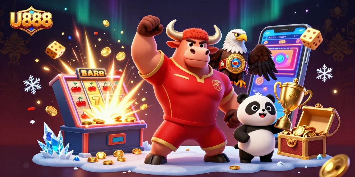 Win big with U888 while celebrating with joyful characters, vibrant casino elements, and dazzling effects!