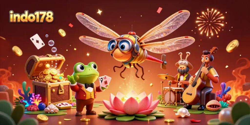 Experience the vibrant excitement of indo178 as the dragonfly pilot navigates a lily pad casino under a dazzling display.