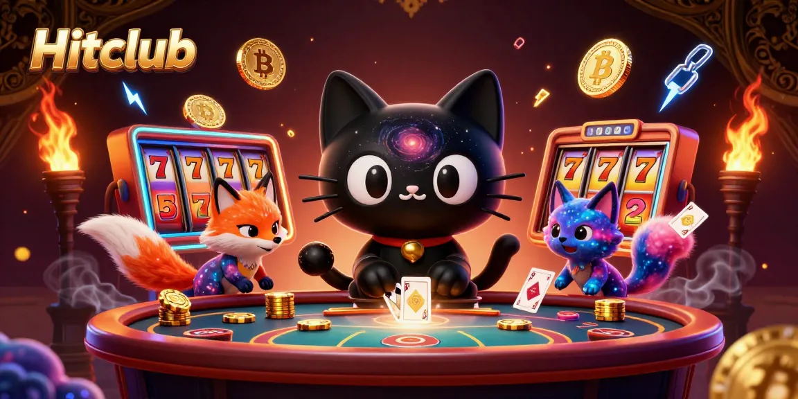 Engage with the vibrant Hitclub casino scene featuring a cartoon black hole cat at the center.