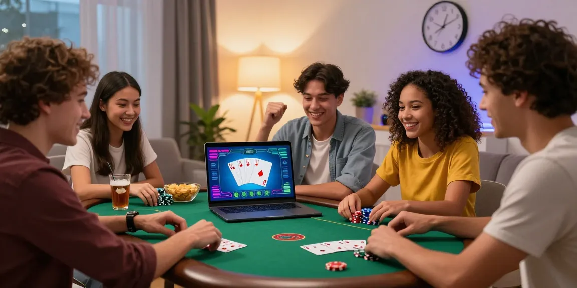 Friends enjoying online poker gaming session with Daftar Domino8 visible on the screen.