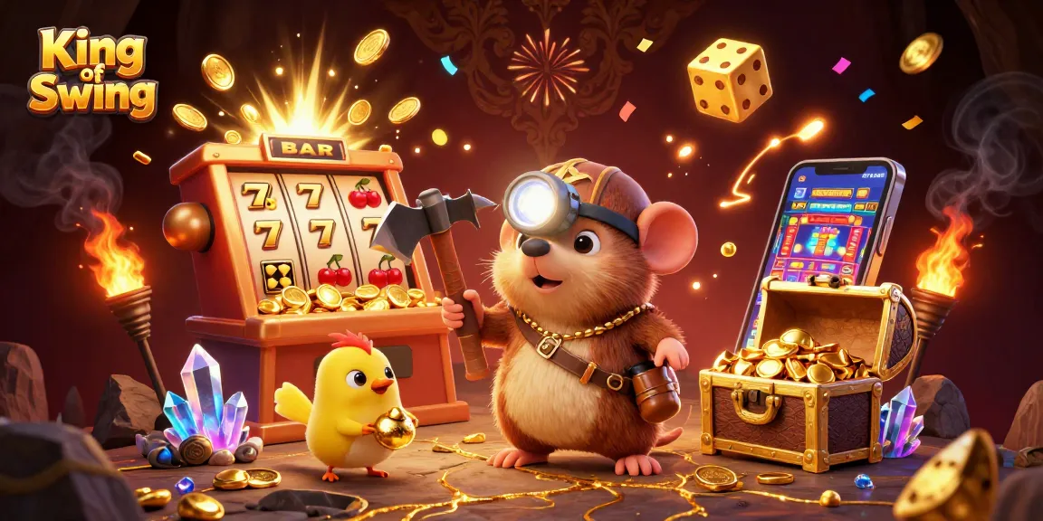 King of Swing illustrates a treasure hunter mole and canary collecting gems and coins among dazzling casino elements.