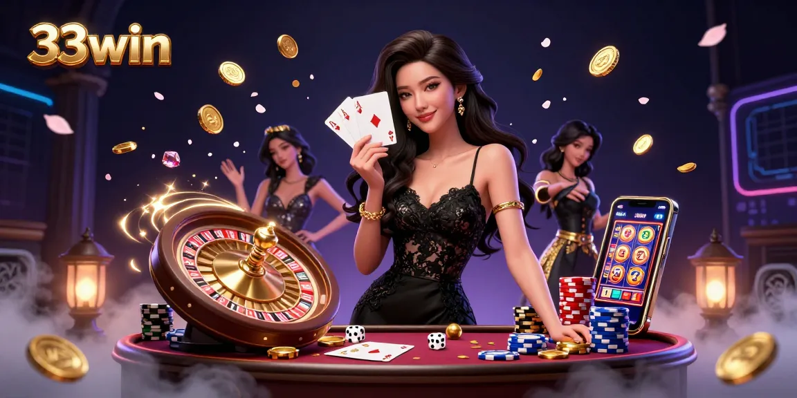 Experience luxury gaming at 33win with a stunning 3D illustration of an elegant casino scene.