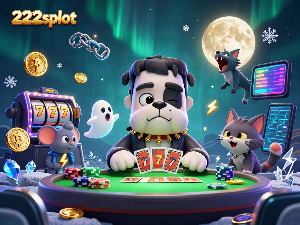 Permainan seru di 222slot dengan monster bulldog yang menangani kartu dan simbol slot yang berkilauan.