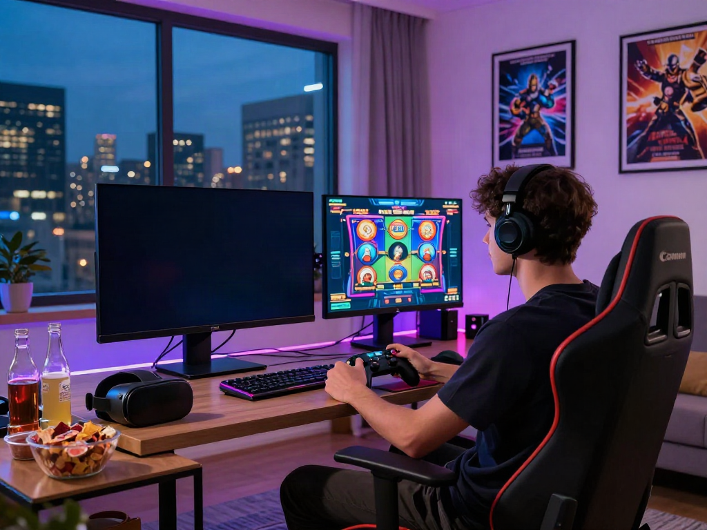 Gamer enjoying akunjp slot game in a vibrant living room.