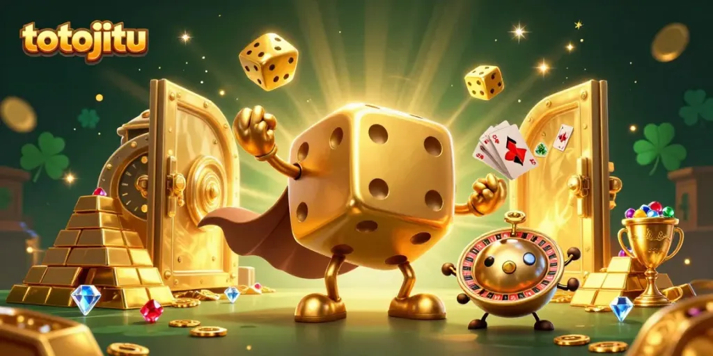 Engage with the magical world of totojitu as golden dice become a focal point in a vibrant gambling fantasy scene.