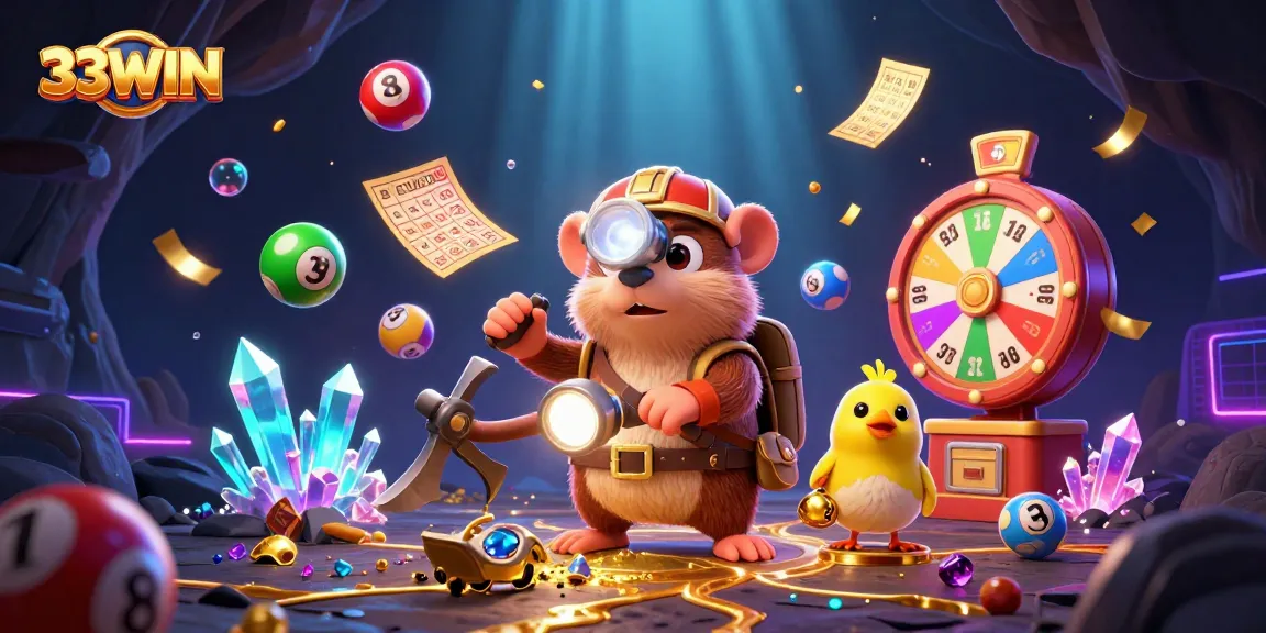 Experience the thrill of 33WIN with a vibrant lottery scene featuring bouncing colorful balls and a treasure hunter.