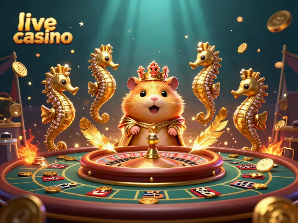 Permainan live casino dengan raja hamster emas dan elemen kasino interaktif.