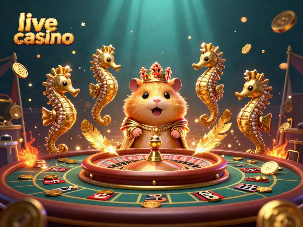 Permainan live casino dengan raja hamster emas dan elemen kasino interaktif.