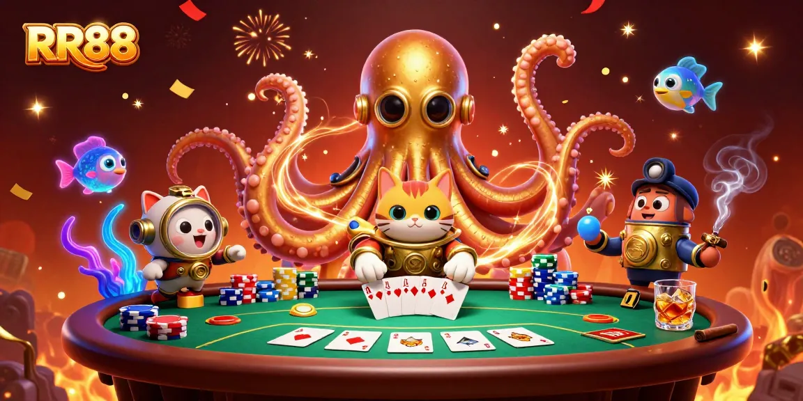 Engage in thrilling games at RR88, featuring a kraken and diving cat amidst poker action.