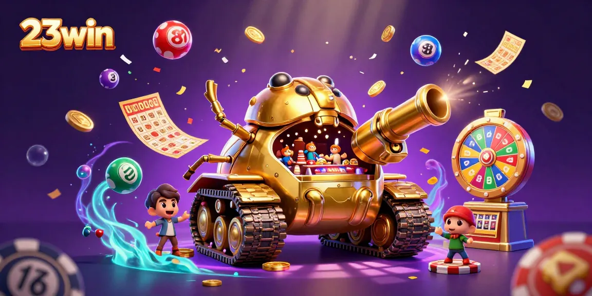 Experience the thrill of 23win within a vibrant casino scene, featuring a golden beetle tank and dynamic gaming elements.