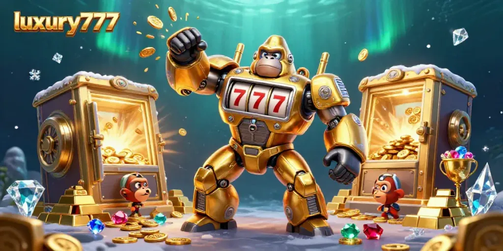 Engage with luxury777's thrilling gaming world where a golden gorilla mech battles for jackpots!