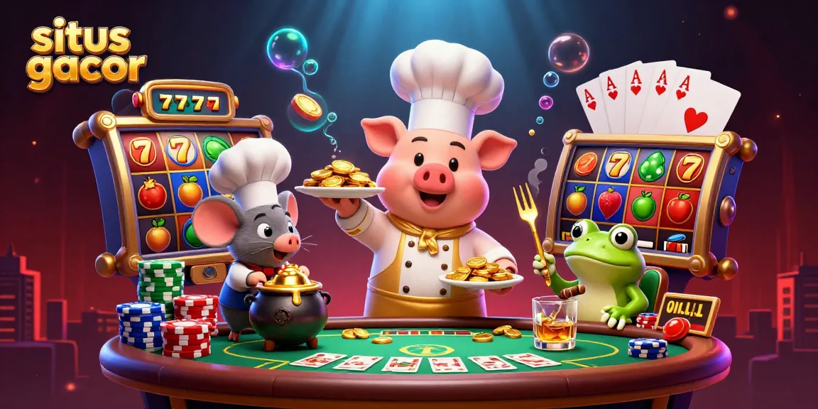 Permainan situs gacor dengan chef pig yang menyajikan koin emas dan simbol slot menyenangkan.