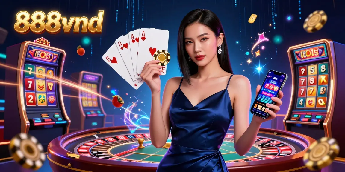 Win big at 888vnd with a glamorous Asian player enjoying slots and casino action.