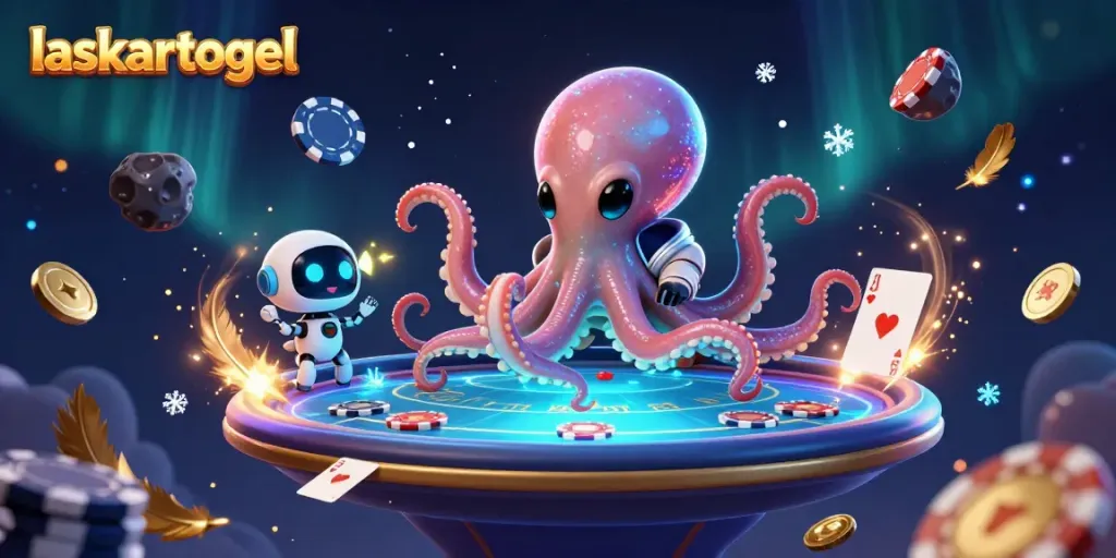 Experience the thrill of poker with laskartogel in a vibrant and dynamic scene featuring an alien octopus.