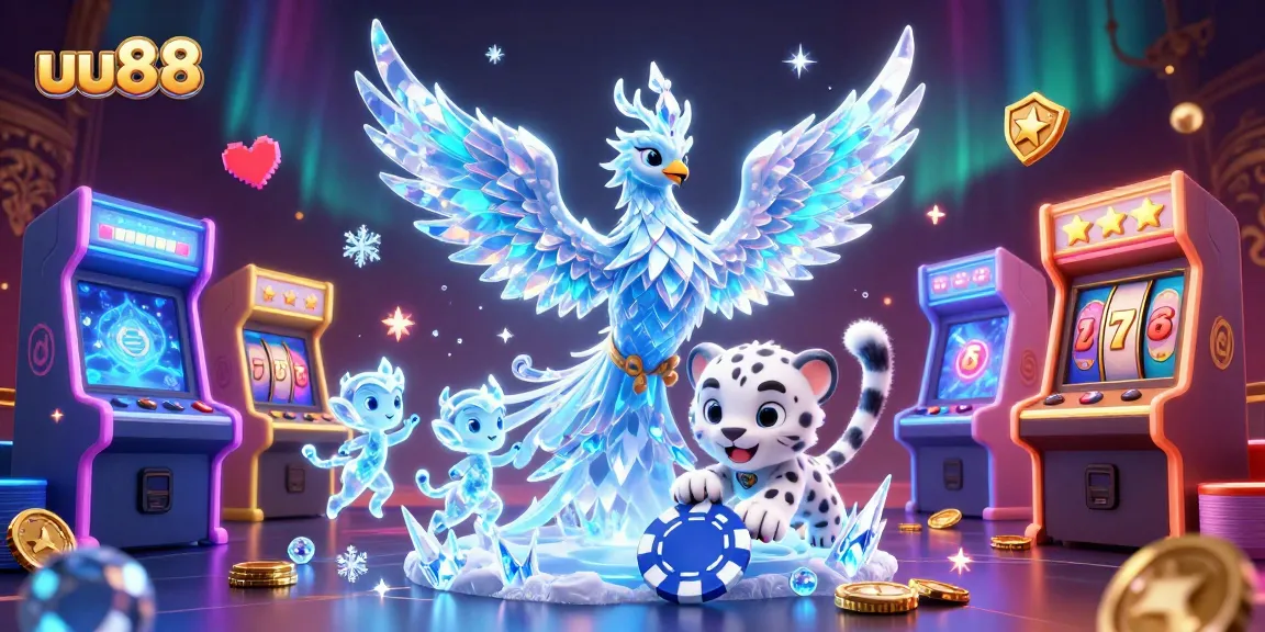 Engage with uu88's vibrant casino scene featuring a crystal phoenix and ice-themed gaming elements.