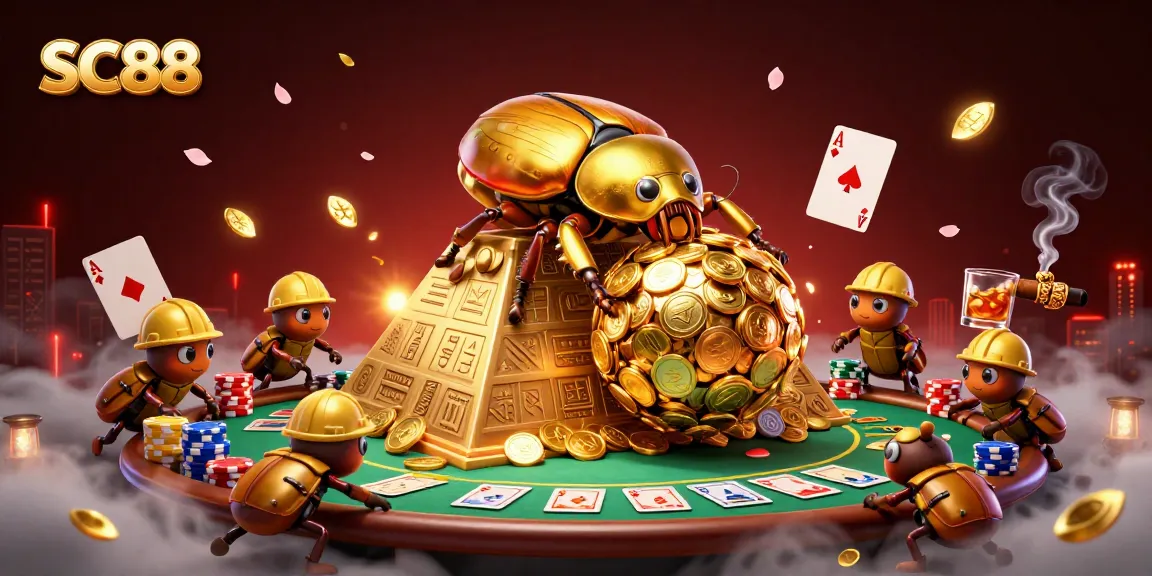 SC88 showcases an exhilarating casino scene with a golden dung beetle rolling coins, emphasizing thrilling gameplay dynamics.
