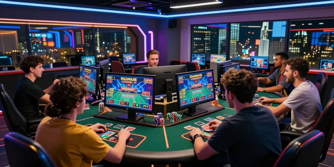 Players enjoying online gambling with high energy, exploring 'Prediksi Bola Malam Ini' for strategies in a vibrant live casino setting.
